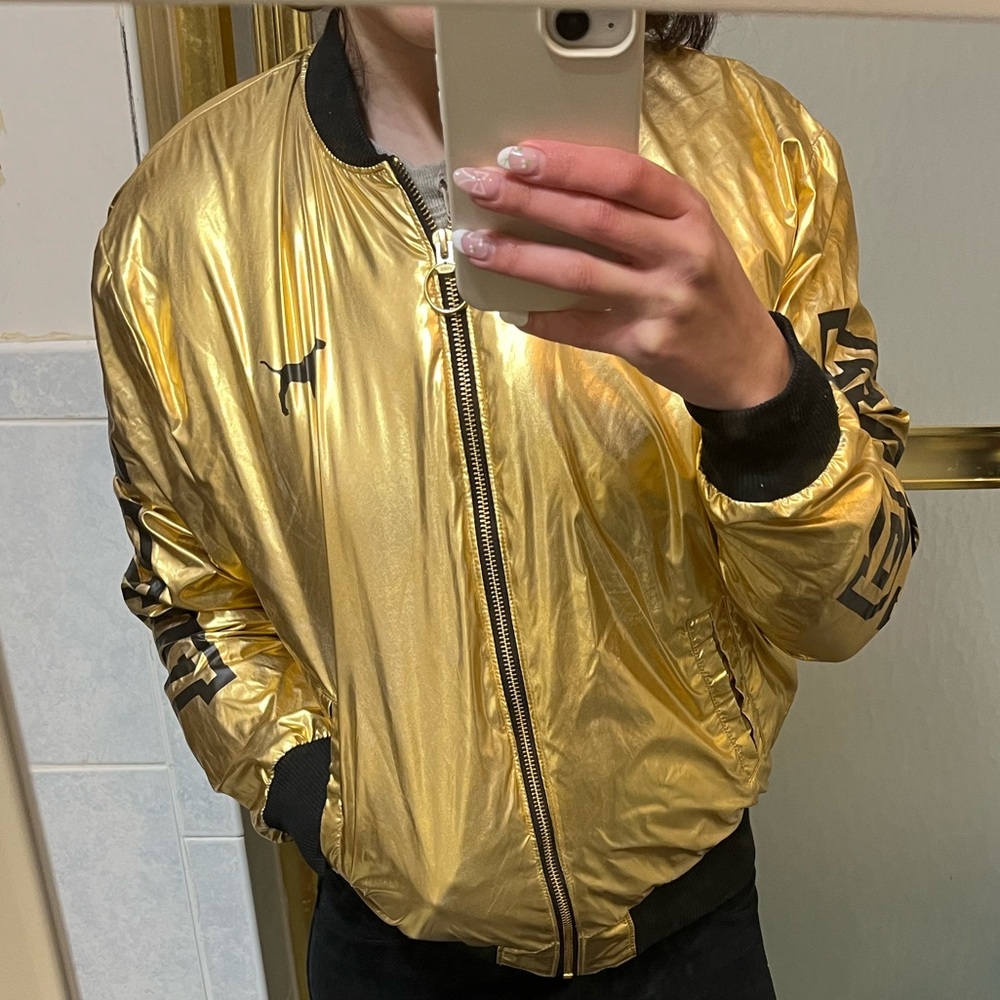 PINK Gold and Black Sherpa Bomber Jacket Size XS (New Without Tags)